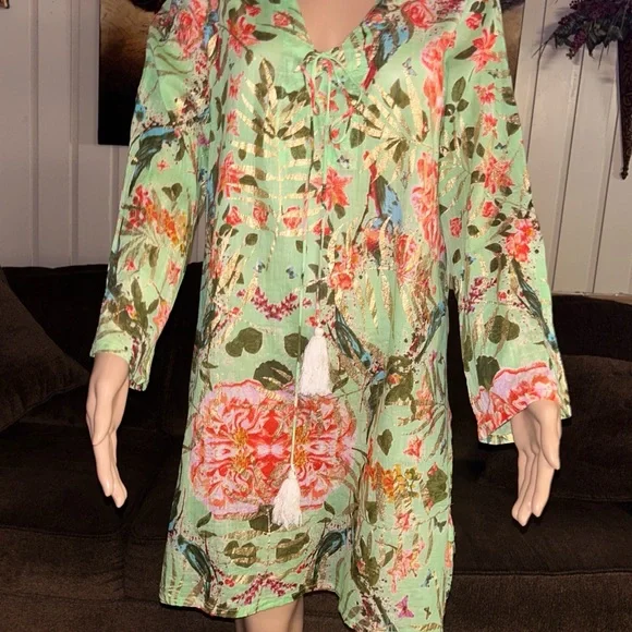 Caribbean Joe ~ Large ~ Green W/ Gold & Red Floral Tunic Swim Coverup Dress - Picture 4 of 15